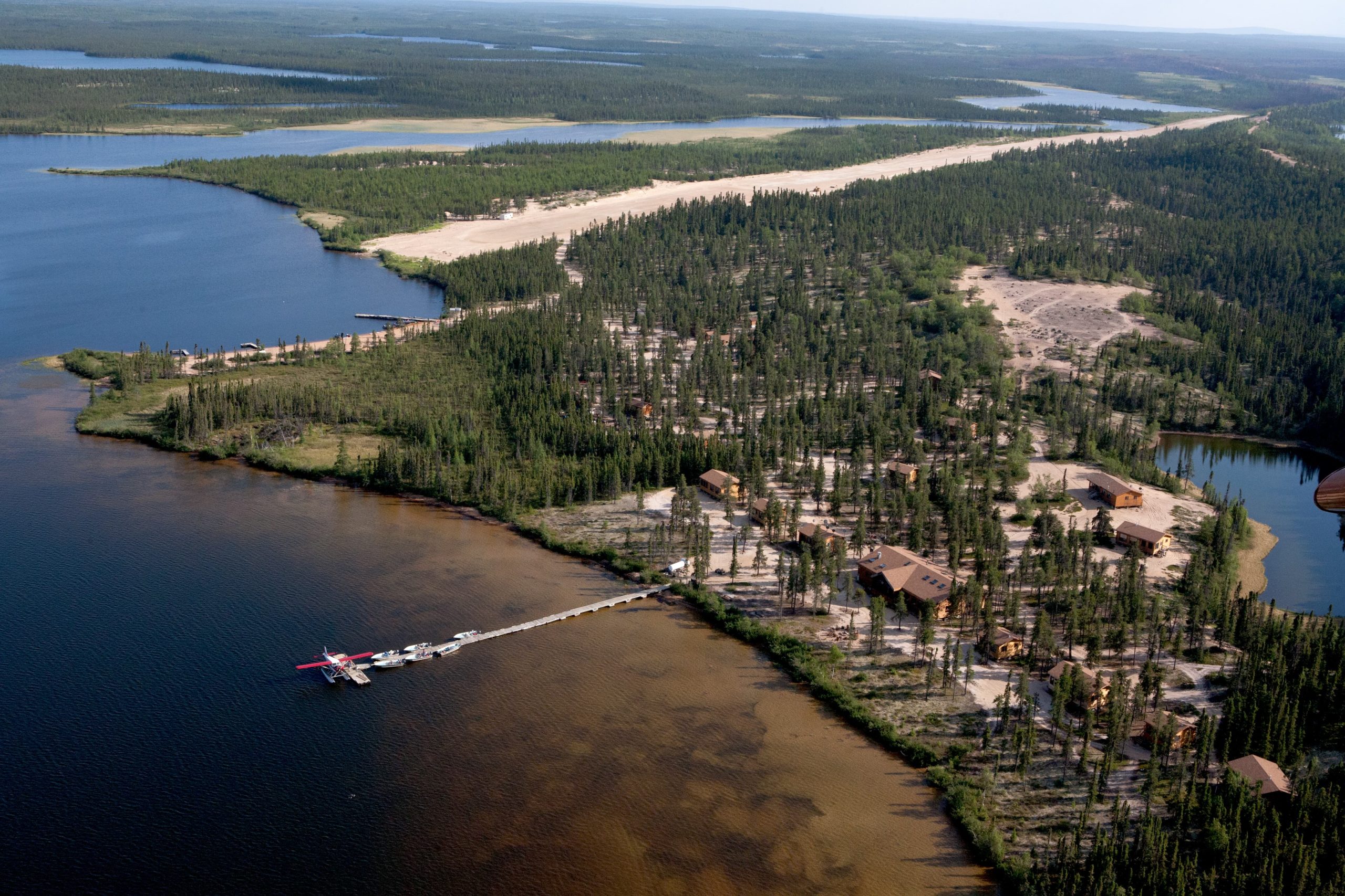 aerial view over the North Seal River Lodge